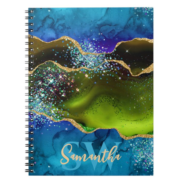 Caderno Espiral Ágata Pavão com Brilho Azul, Verde e Dourado (Frente)