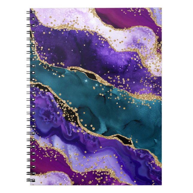 Caderno Espiral Ágata Pavão com Brilho Rosa, Roxo e Azul Turquesa (Frente)
