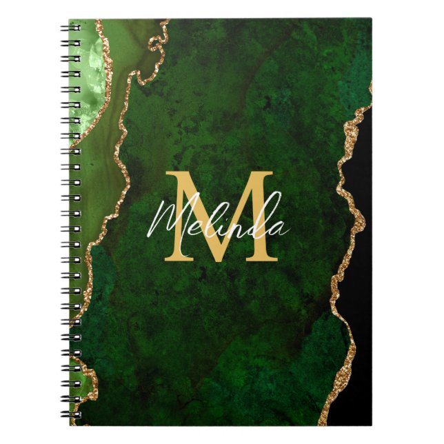 Caderno Espiral Agate de mármore verde e Dourado (Frente)