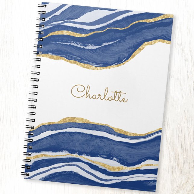 Caderno Espiral Agate Dourado Glitter Watercolor Personalizado Azu (Blue and white gold glitter personalized name notebook)