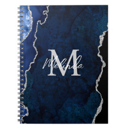 Caderno Espiral Agato de mármore marinho azul e prata