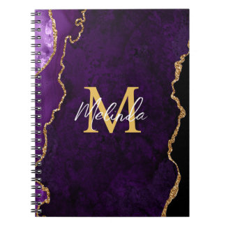 Caderno Espiral Agato de mármore roxo e Dourado