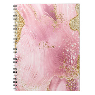 Caderno Espiral Agato Rosa Personalizado com Brilho Dourado