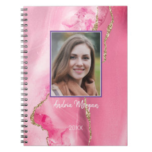 Caderno Espiral Agenda de Ágata Rosa e Dourada DIY Foto/Nome/Ano