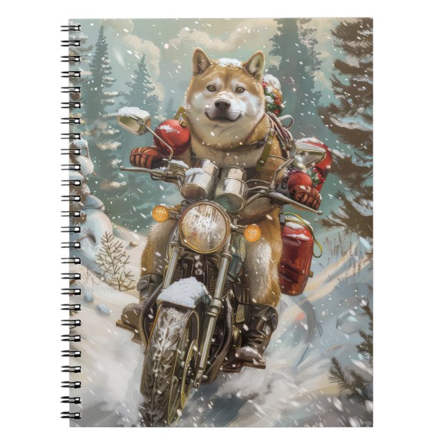 Caderno Espiral Akita Dog Andando na Motocicleta Natal (Frente)