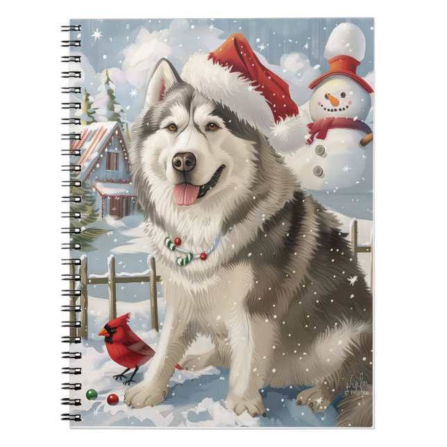 Caderno Espiral Alaskan Malamute Dog Winter Wonderland Christmas (Frente)