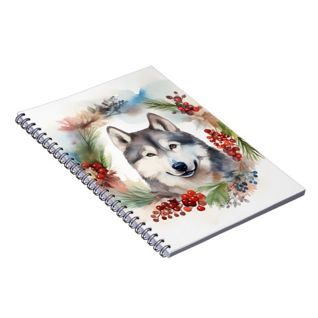 Caderno Espiral Alaskan Malamute, Festivo Wreath Christmas Pup (Lado Direito)