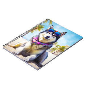 Caderno Espiral Alaskan Malamute na praia, presente de verão