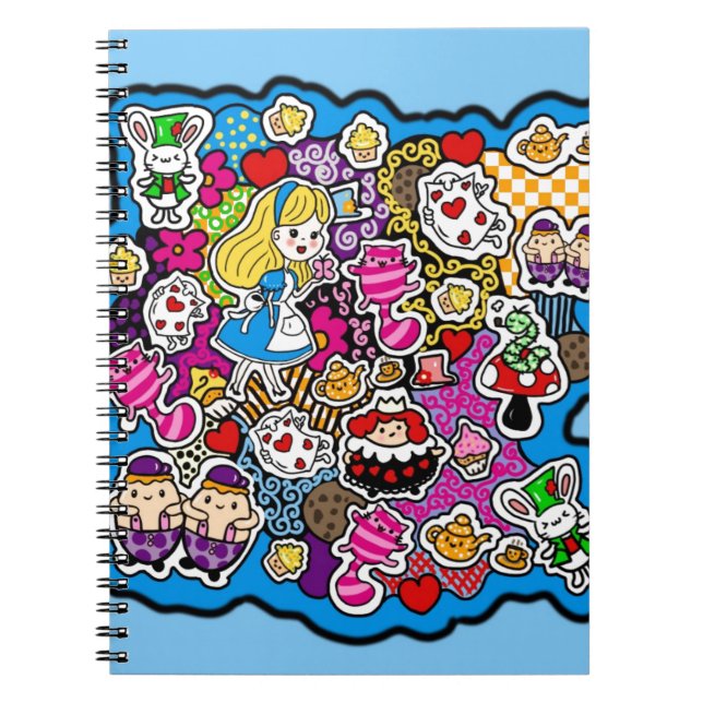 Caderno Espiral Alice Wonderland Mad Hatter Cat Doodle Art de Leah (Frente)
