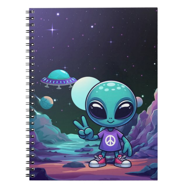 Caderno Espiral Alienígena de paz e nave espacial (Frente)