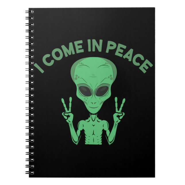 Caderno Espiral Alienígena Verde Eu Vim Em Paz OVNI Extraterrestre (Frente)