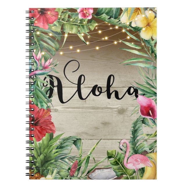 Caderno Espiral Aloha Madeira Tropical Folhas Florais e Luzes de V (Frente)