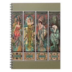 Caderno Espiral Alphonse Mucha art, art nouveau, vintage, fêmeas