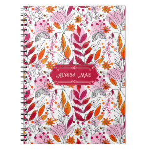 Caderno Espiral Alyssa Mae Desenha Folhagem Cor-de-Rosa e Laranja
