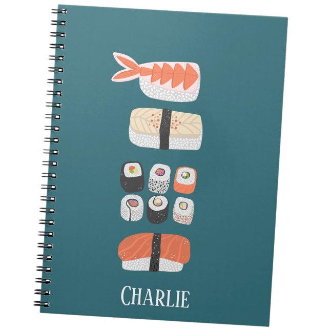Caderno Espiral Amante de Sushi Japonês Personalizado (Fun Japanese sushi food art personalized custom name notebook)