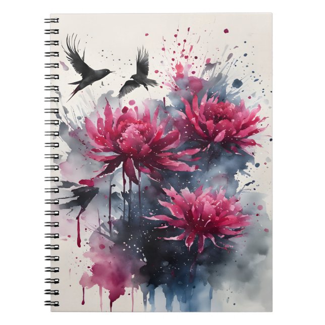 Caderno Espiral Amaranto - Flores de aquarela (Frente)