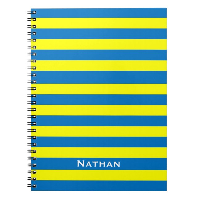 Caderno Espiral Amarelo brilhante e azul riscado personalizado (Frente)