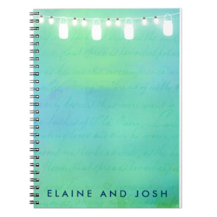 Caderno Espiral Amarre luzes e frascos de pedreiro no verde azul