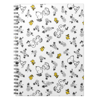 Caderno Espiral Amendoins | Padrão de Flor B&W Snoopy & Woodstock
