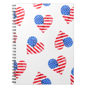 Caderno Espiral American Flag Hearts Watercolor.