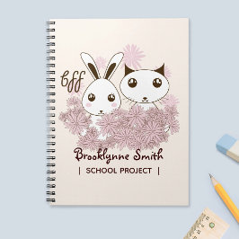 Caderno Espiral Amizade de Menina BFF Desenho Fofo Gatinho e Coelh