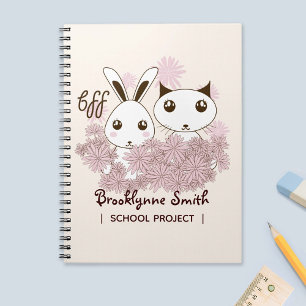 Caderno Espiral Amizade de Menina BFF Desenho Fofo Gatinho e Coelh