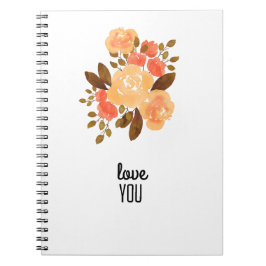 Caderno Espiral Amo-Te Vintage Laranja Flores Vermelhas Florais