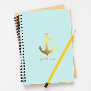 Caderno Espiral Âncora de folhas de ouro mint e faux