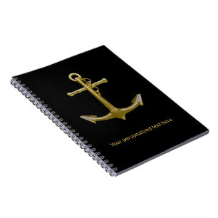 Caderno Espiral Âncora Dourada Náutica Clássica em Preto