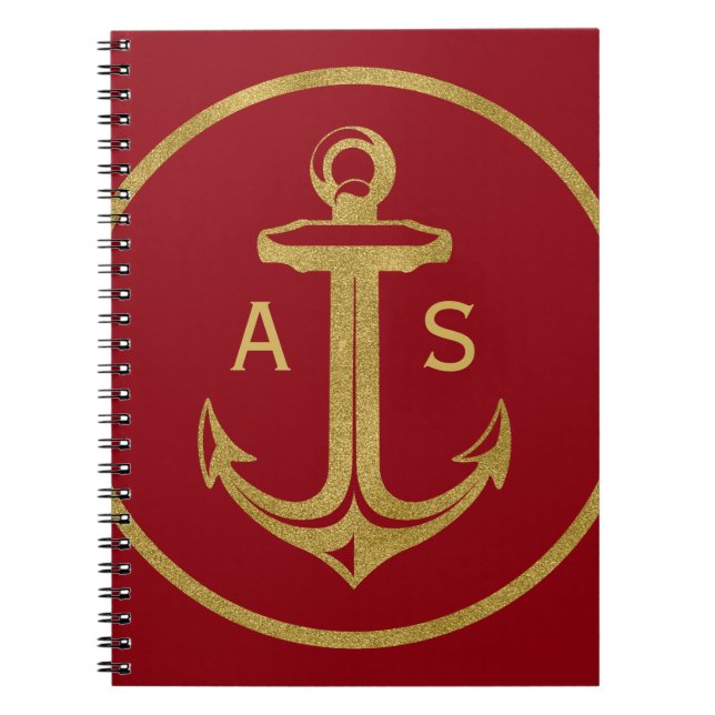 Caderno Espiral âncora na moda dourada com iniciais | Presentes ná (Frente)
