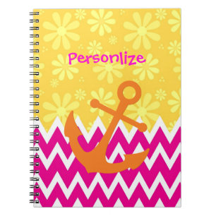Caderno Espiral Âncora Náutica De Chevrons Rosa Girassóis Com Nome