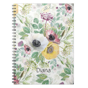 Caderno Espiral Anêmonas cor-de-rosa, brancas e amarelas