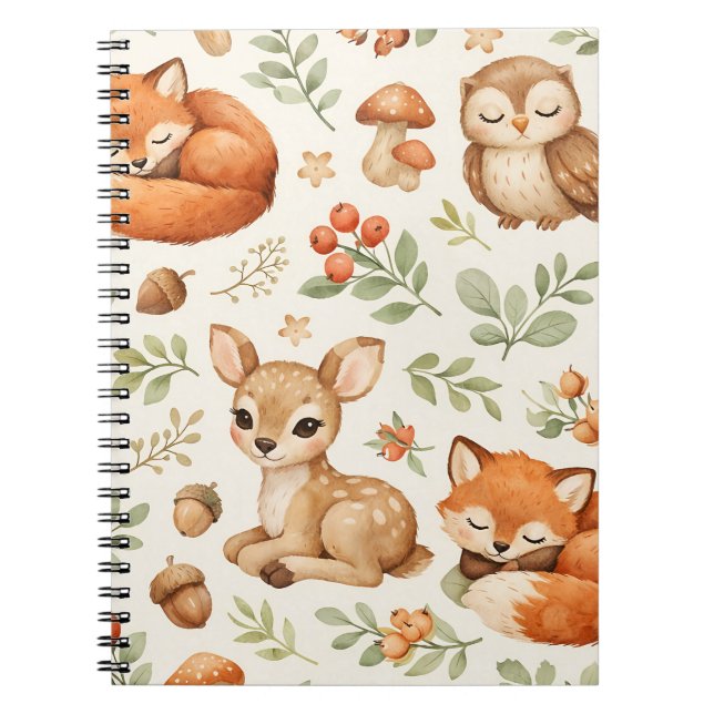 Caderno Espiral Animais da Floresta e Padrão de Frutas (Frente)