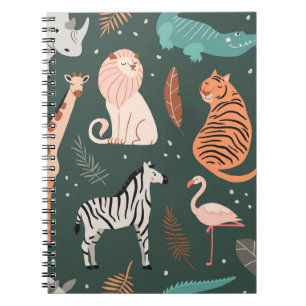 Caderno Espiral Animais Exóticos: Padrão Infantil Tropical Escuro.