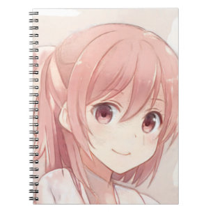 Caderno Espiral Anime de cabelo rosa sorridente manga de olhos ros