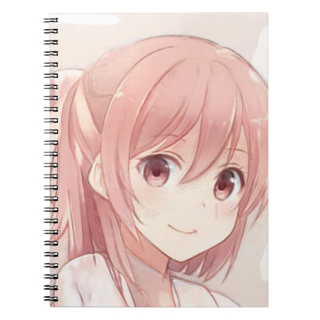 Caderno Espiral Anime de cabelo rosa sorridente manga de olhos ros (Frente)