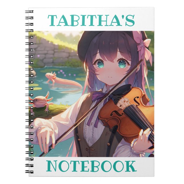 Caderno Espiral Anime Girl tocando violino e um Axolotl (Frente)