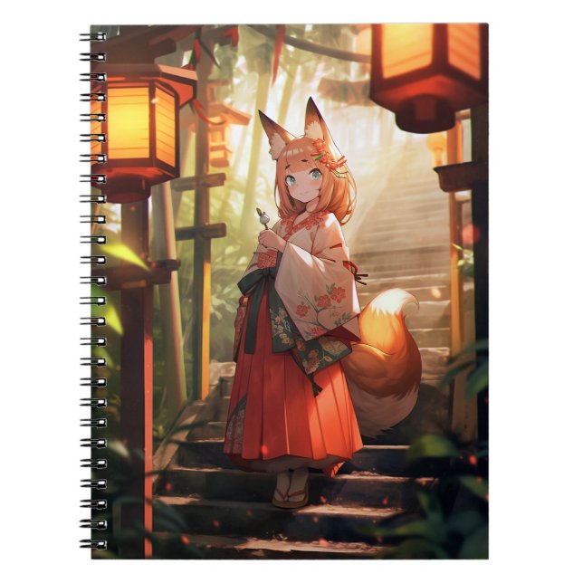 Caderno Espiral Anime Kitsune Girl Cute Fox Fantasy Art (Frente)