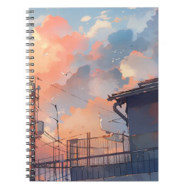 Caderno Espiral Anime Sunset - Aesthetic Cityscape - Golden Hour