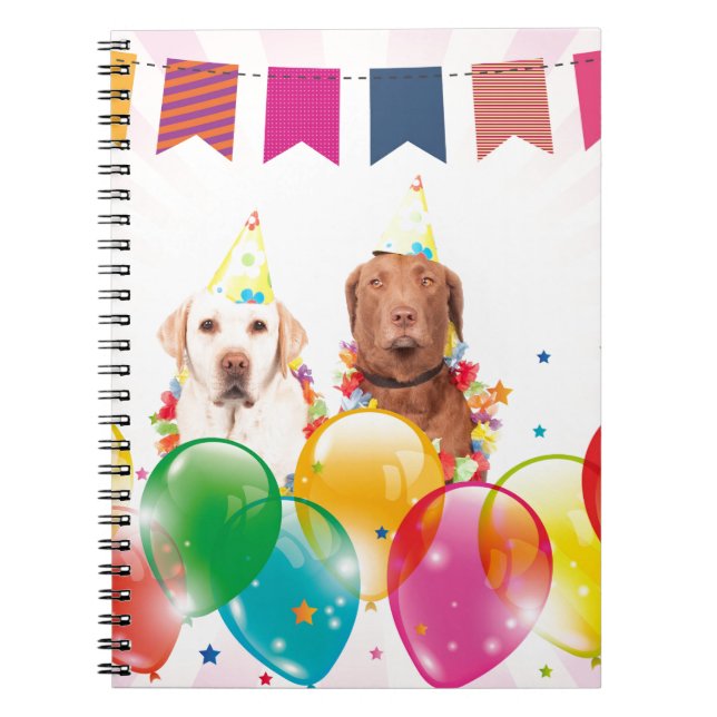 Caderno Espiral Aniversário do Labrador Retriever Dog Balloons (Frente)