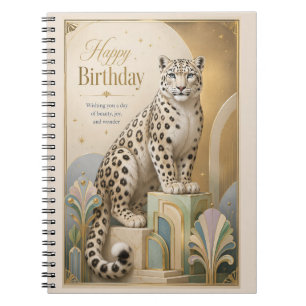Caderno Espiral Aniversário do Leopardo da Neve Dourado Elegância