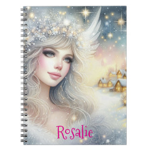 Caderno Espiral Anjo de Neve Festivo Branco com Aquarela Etérea e 