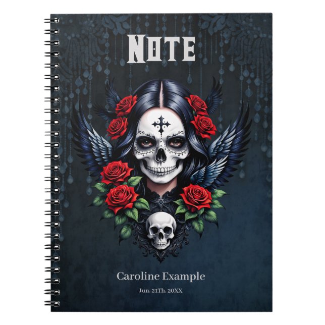 Caderno Espiral Anjo do Crânio de Açúcar com Rosas. (Frente)