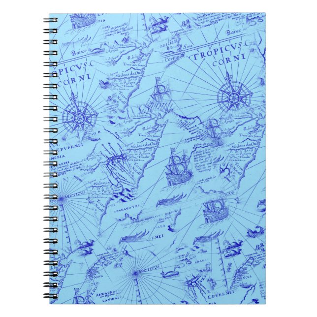 Caderno Espiral Antigo gráfico marítimo azul navios e bússola (Frente)