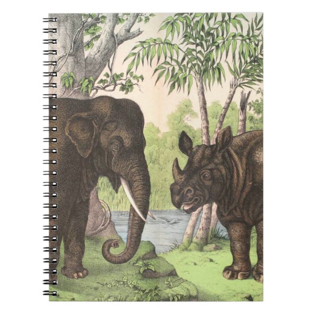 Caderno Espiral Antiquado Elefante Rhino na Impressão da Selva (Frente)