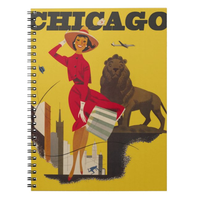 Caderno Espiral Anúncio de viagem aérea vintage de Chicago EUA (Frente)