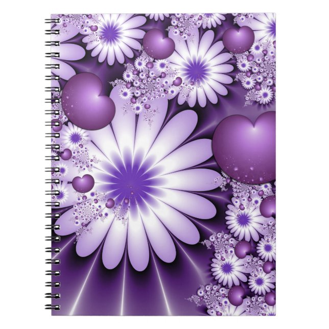Caderno Espiral Apaixonando Flores de Abstrato e Corações Fractais (Frente)