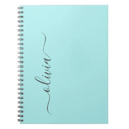 Caderno Espiral Aqua Blue Teal Modern Script Girly Monographic Nam