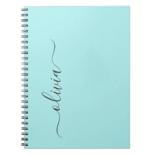 Caderno Espiral Aqua Blue Teal Modern Script Girly Monographic Nam