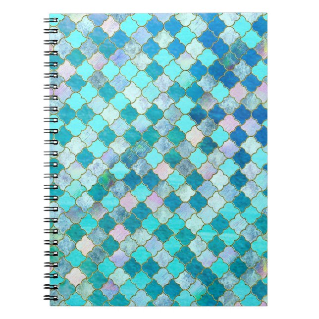 Caderno Espiral Aqua Teal Dourado Padrão do Azulejo marroquino Ori (Frente)